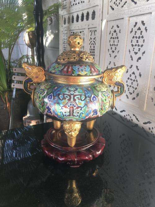 Huge Lidded Tripos Chinese Cloisonne Incense Burner